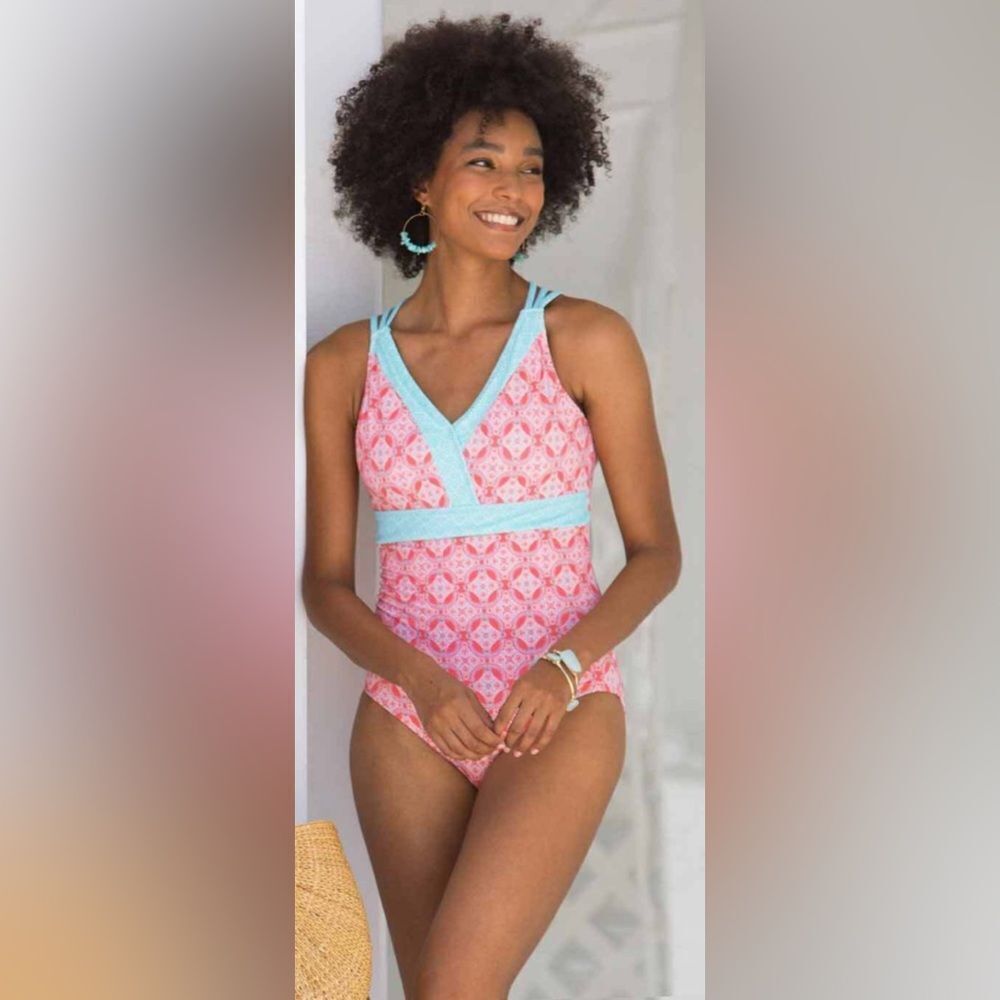 Cabana Life Tiffany Blue & Coral One Piece Swimsuit was a sample SZ S NWOT